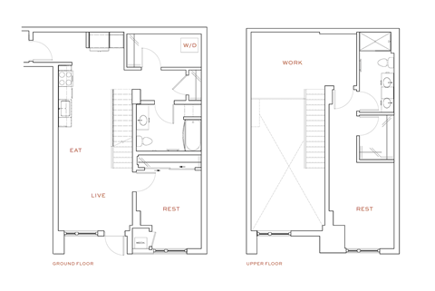 A floor plan of a two story house with labeled rooms.